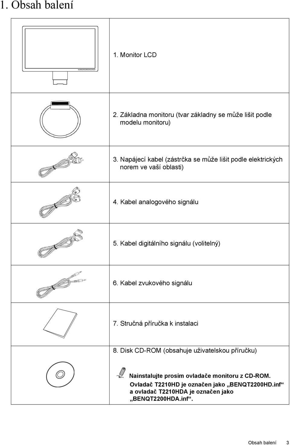 Kabel digitálního signálu (volitelný) 6. Kabel zvukového signálu 7. Stručná příručka k instalaci 8.