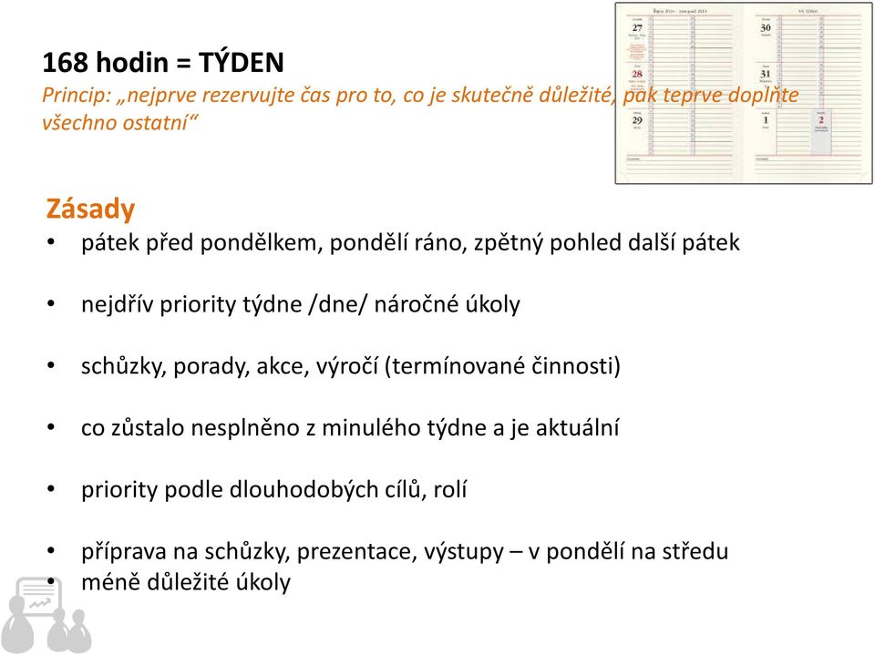 úkoly schůzky, porady, akce, výročí (termínované činnosti) co zůstalo nesplněno z minulého týdne a je aktuální