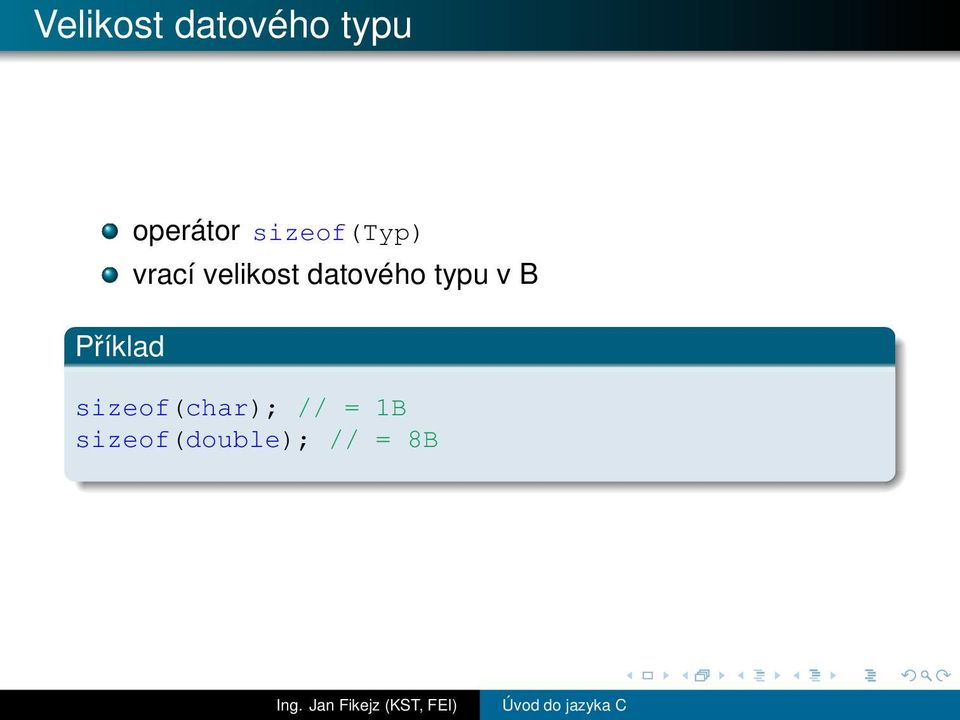 velikost datového typu v B