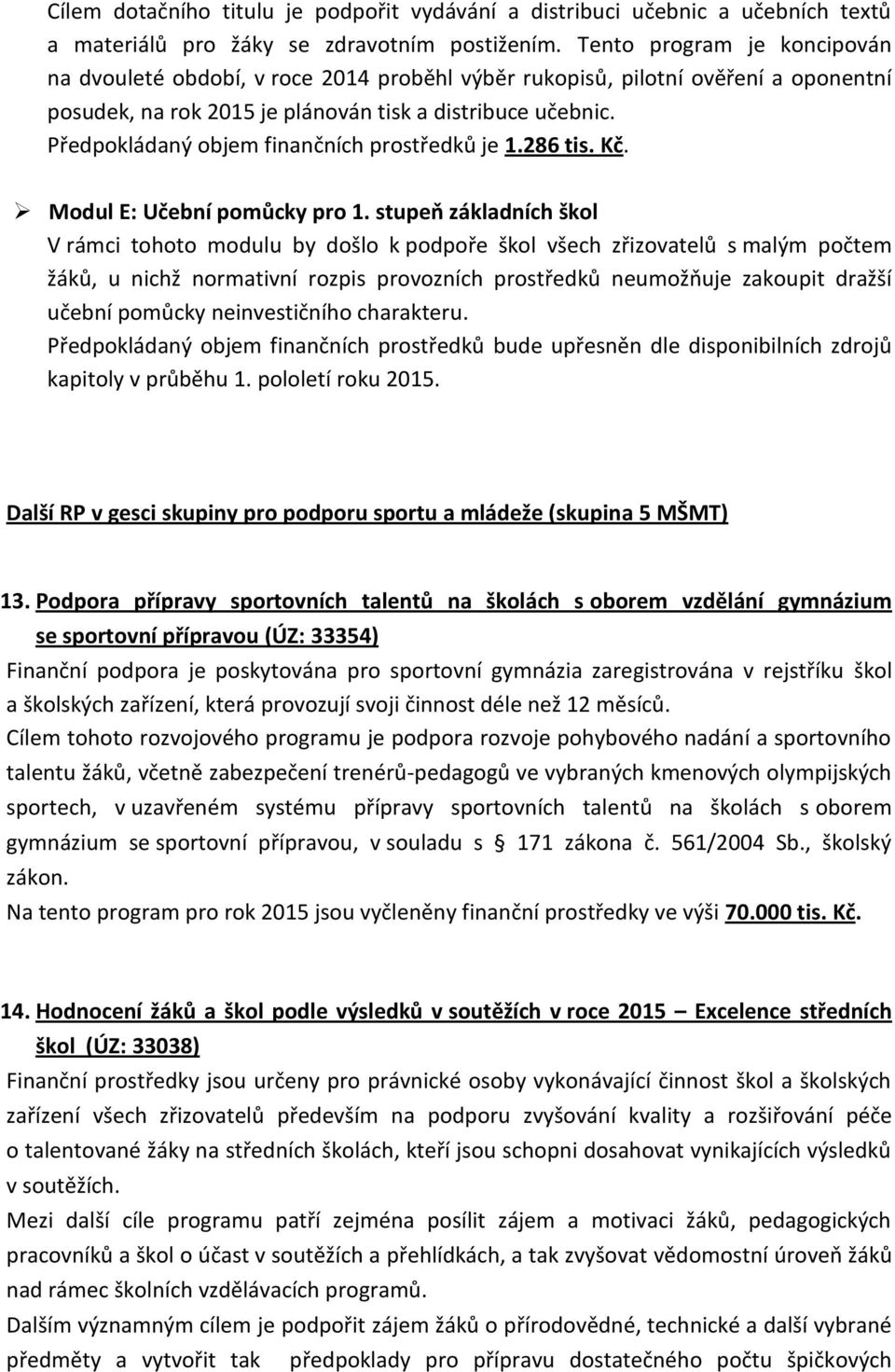 Předpokládaný objem finančních prostředků je 1.286 tis. Kč. Modul E: Učební pomůcky pro 1.