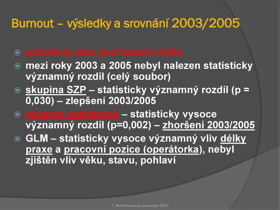 zlepšení 2003/2005 skupina operátorek statisticky vysoce významný rozdíl (p=0,002) zhoršení 2003/2005 GLM