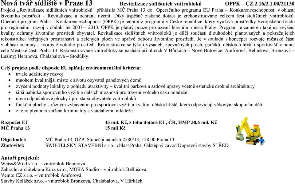 /2.1.00/21130 Projekt Revitalizace sídlištních vnitrobloků přihlásila MČ Praha 13 do Operačního programu EU Praha Konkurenceschopnost, v oblasti životního prostředí Revitalizace a ochrana území.