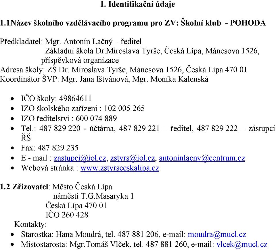 Monika Kalenská IČO školy: 49864611 IZO školského zařízení : 102 005 265 IZO ředitelství : 600 074 889 Tel.