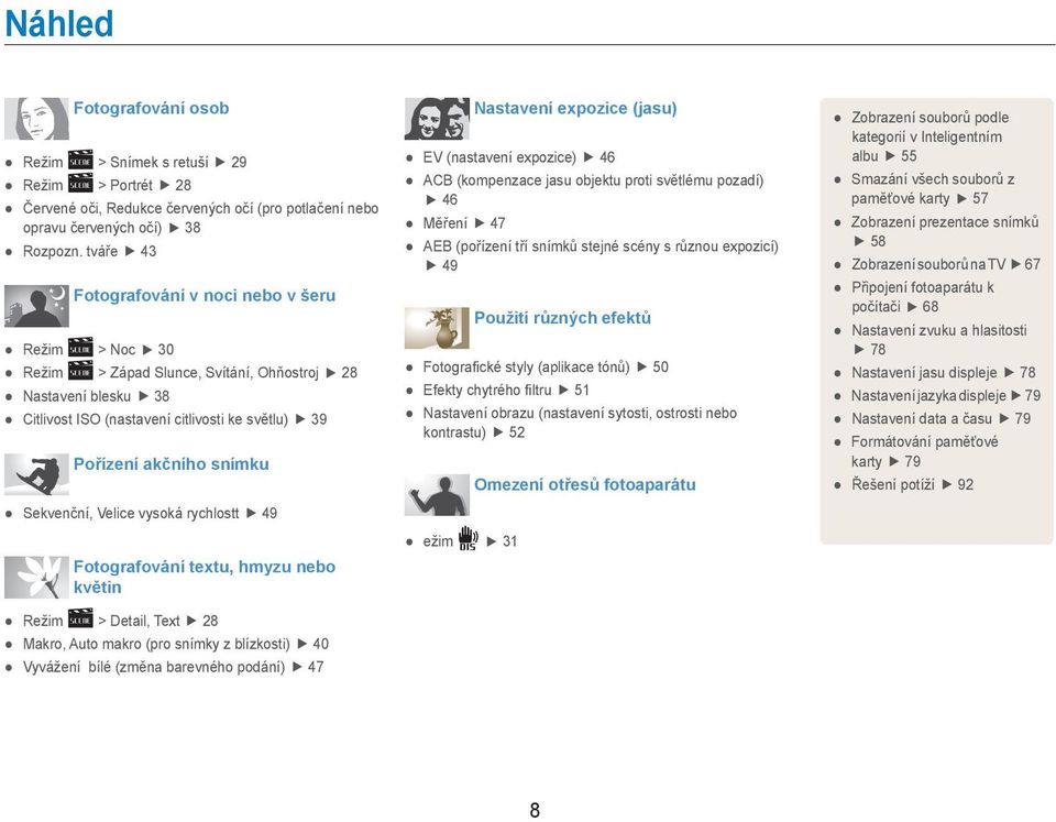 Sekvenční, Velice vysoká rychlostt 49 Fotografování textu, hmyzu nebo květin Režim > Detail, Text 28 Makro, Auto makro (pro snímky z blízkosti) 40 Vyvážení bílé (změna barevného podání) 47 Nastavení