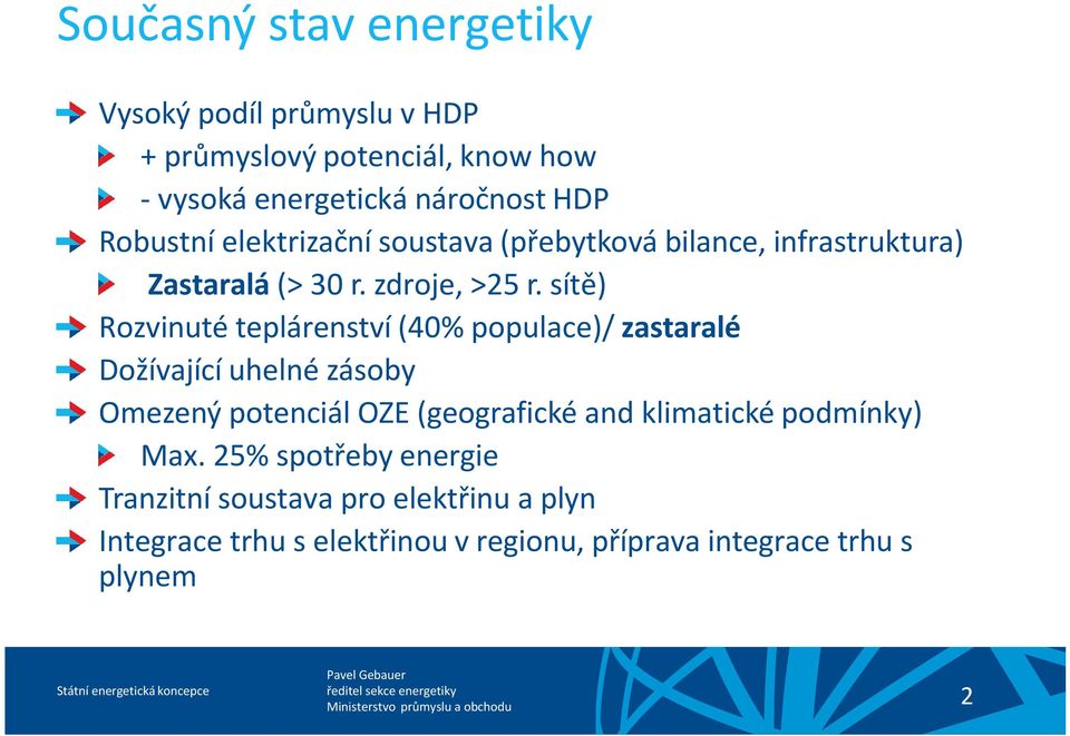 sítě) Rozvinuté teplárenství (40% populace)/ zastaralé Dožívající uhelné zásoby Omezený potenciál OZE (geografické and