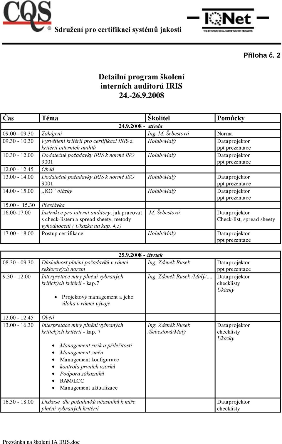 00 Dodatečné požadavky IRIS k normě ISO 9001 Holub/Malý 14.00-15.00 KO otázky Holub/Malý 15.00-15.30 Přestávka 16.00-17.