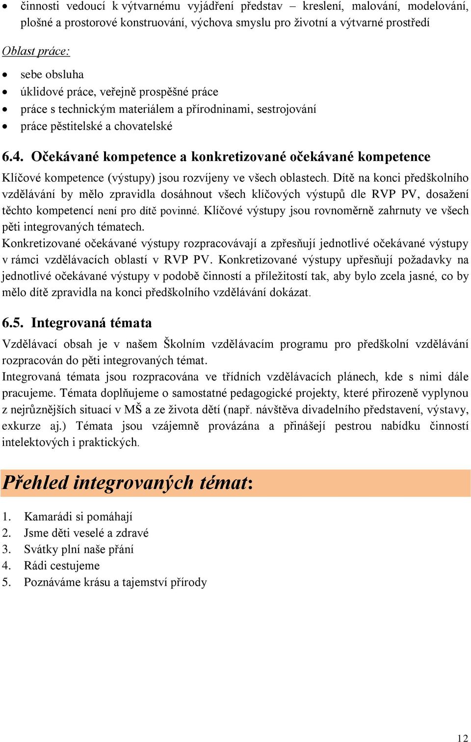 Očekávané kompetence a konkretizované očekávané kompetence Klíčové kompetence (výstupy) jsou rozvíjeny ve všech oblastech.