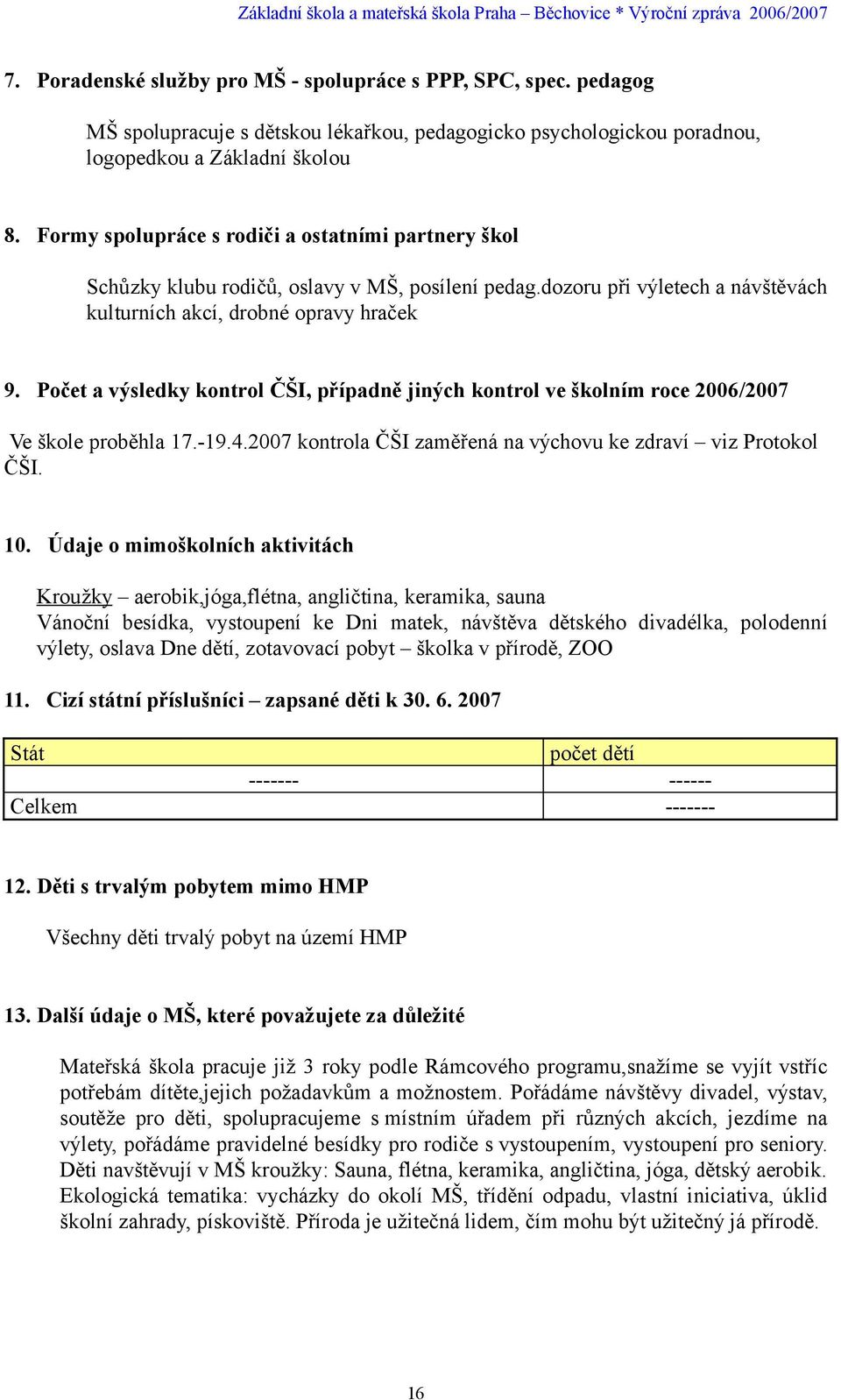 Počet a výsledky kontrol ČŠI, případně jiných kontrol ve školním roce 2006/2007 Ve škole proběhla 17.-19.4.2007 kontrola ČŠI zaměřená na výchovu ke zdraví viz Protokol ČŠI. 10.