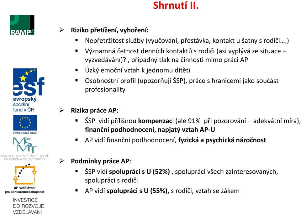 , případný tlak na činnosti mimo práci AP Úzký emoční vztah k jednomu dítěti Osobnostní profil (upozorňují ŠSP), práce s hranicemi jako součást profesionality Rizika práce