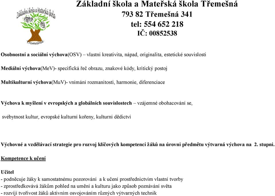 vzájemné obohacování se, svébytnost kultur, evropské kulturní kořeny, kulturní dědictví Výchovné a vzdělávací strategie pro rozvoj klíčových kompetencí žáků na úrovni předmětu výtvarná výchova na 2.