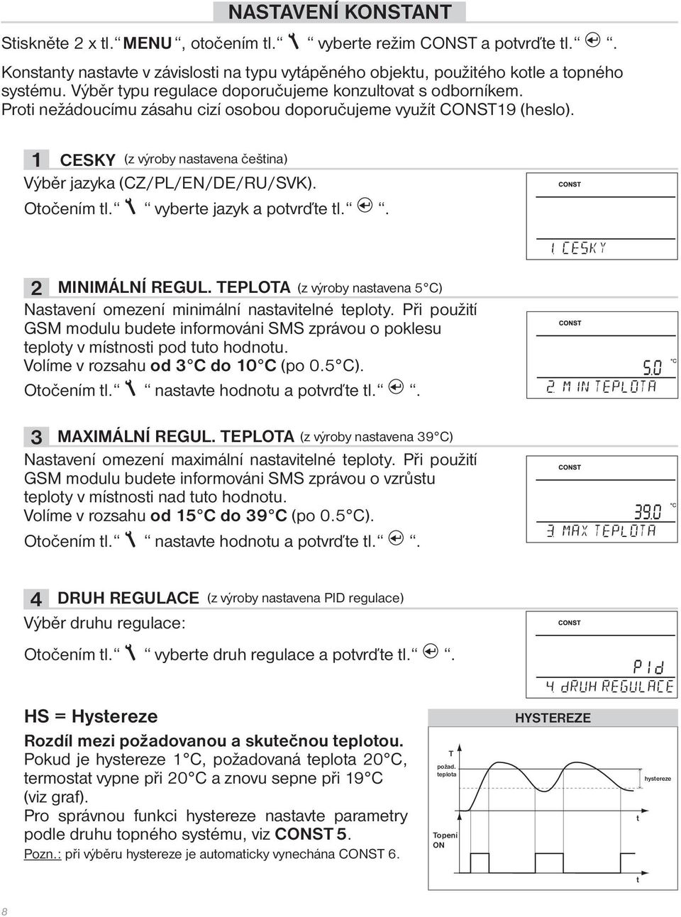 1 CESKY (z výroby nastavena čeština) Výběr jazyka (CZ/PL/EN/DE/RU/SVK). Otočením tl. vyberte jazyk a potvrďte tl.. 2 MINIMÁLNÍ REGUL.