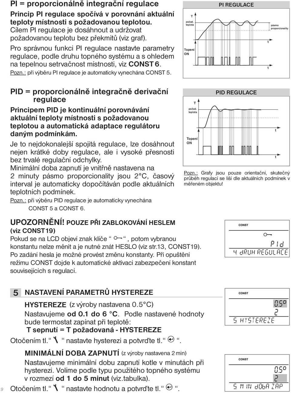 Pro správnou funkci PI regulace nastavte parametry regulace, podle druhu topného systému a s ohledem na tepelnou setrvačnost místnosti, viz CONST 6. Pozn.