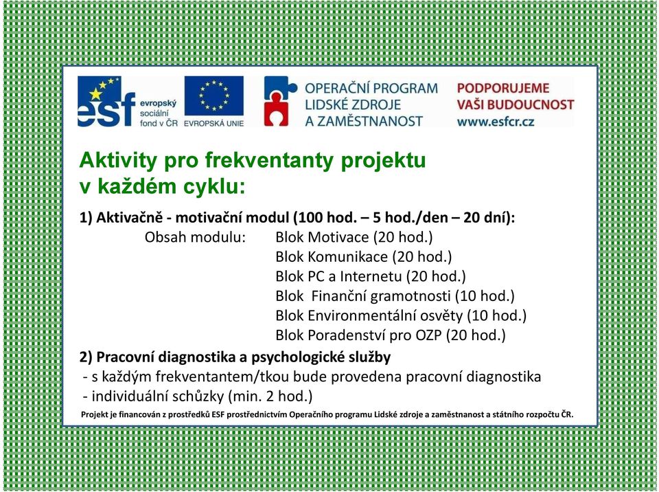 ) Blok Finanční gramotnosti (10 hod.) Blok Environmentální osvěty (10 hod.) Blok Poradenství pro OZP (20 hod.