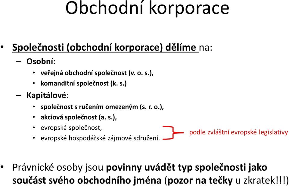 r. o.), akciová společnost (a. s.), evropská společnost, evropské hospodářské zájmové sdružení.