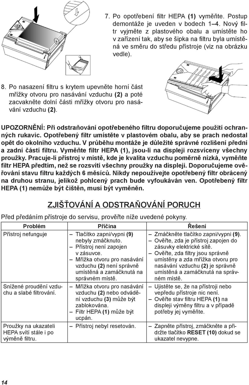 Po nasazení fi ltru s krytem upevněte horní část mřížky otvoru pro nasávání vzduchu (2) a poté zacvakněte dolní části mřížky otvoru pro nasávání vzduchu (2).