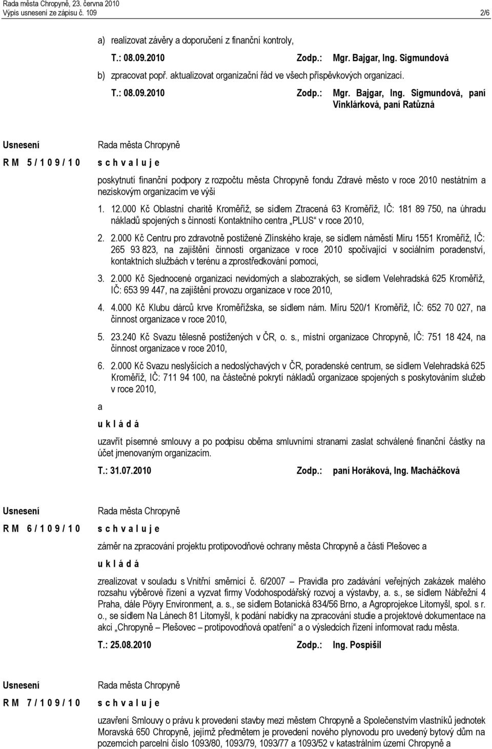 Sigmundová, paní Vinklárková, paní Ratůzná R M 5 / 1 0 9 / 1 0 poskytnutí finanční podpory z rozpočtu města Chropyně fondu Zdravé město v roce 2010 nestátním a neziskovým organizacím ve výši 1. 12.