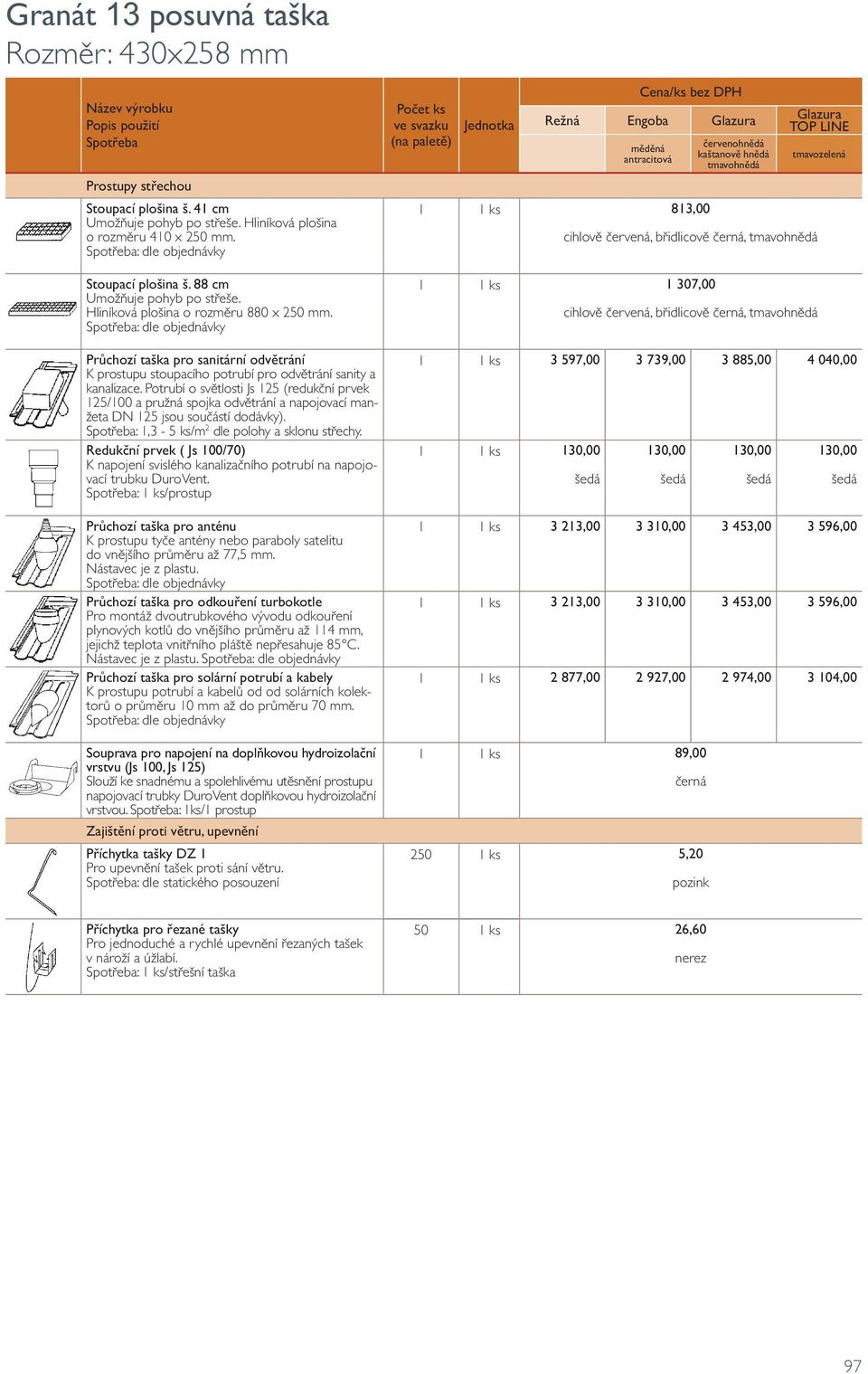 Potrubí o světlosti Js 125 (redukční prvek 125/100 a pružná spojka odvětrání a napojovací manžeta DN 125 jsou součástí dodávky). : 1,3-5 ks/m 2 dle polohy a sklonu střechy.