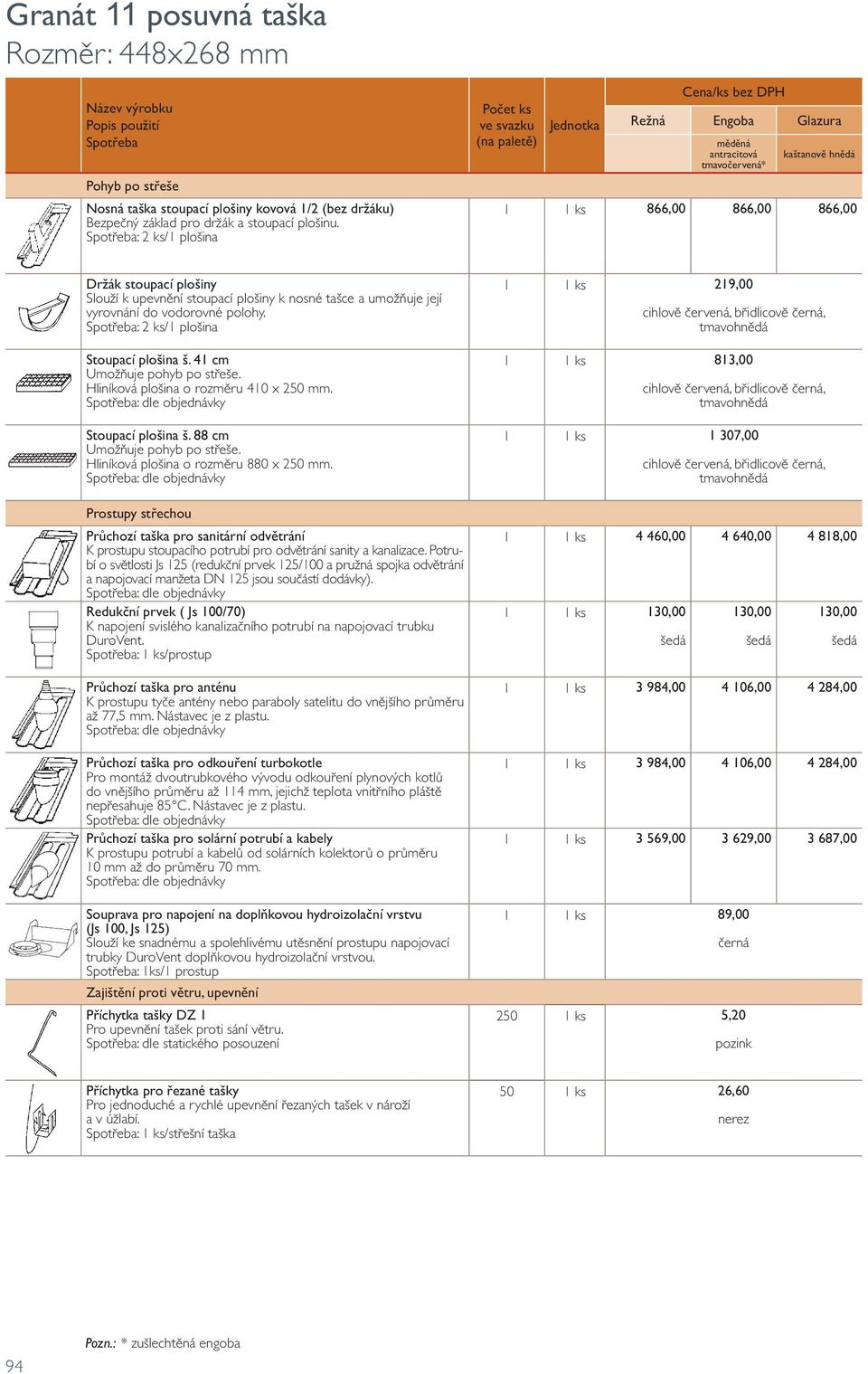 : 2 ks/1 plošina Stoupací plošina š. 41 cm Umožňuje pohyb po střeše. Hliníková plošina o rozměru 410 x 250 mm. Stoupací plošina š. 88 cm Umožňuje pohyb po střeše.