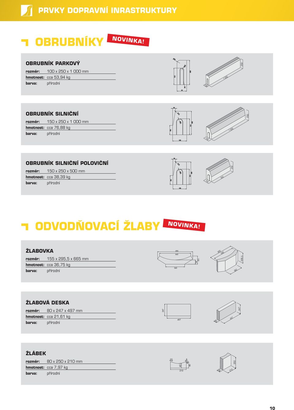 kg barva: přírodní 1 000 150 OBRUBNÍK SILNIČNÍ POLOVIČNÍ rozměr: 150 x 250 x 500 mm hmotnost: cca 38,39 kg barva: přírodní 150 500 ODVODŇOVACÍ ŽLABY NOVINKA!