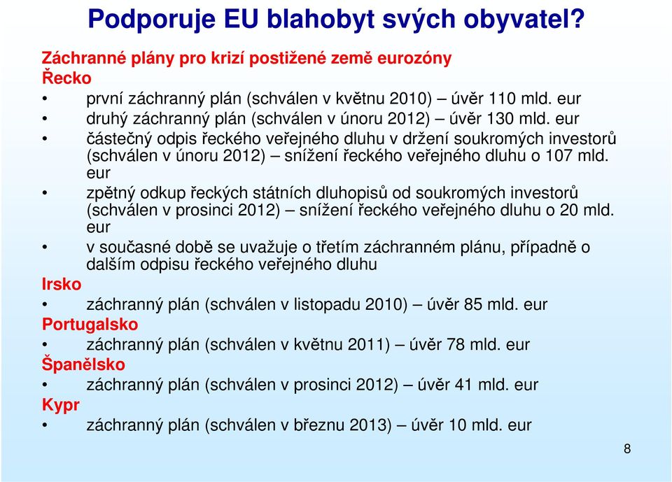 eur částečný odpis řeckého veřejného dluhu v držení soukromých investorů (schválen v únoru 2012) sníženířeckého veřejného dluhu o 107 mld.