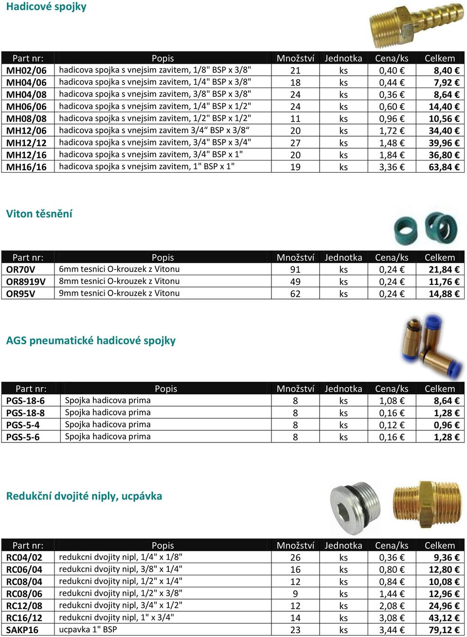 MH12/06 hadicova spojka s vnejsim zavitem 3/4 BSP x 3/8 20 ks 1,72 34,40 MH12/12 hadicova spojka s vnejsim zavitem, 3/4" BSP x 3/4" 27 ks 1,48 39,96 MH12/16 hadicova spojka s vnejsim zavitem, 3/4"