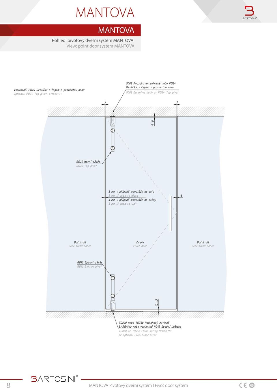 Dveře Pivot door Boční díl Side fixed panel RD10 Spodní závěs RD10 Bottom pivot 10-12 4-6 5 mm v případě monatáže do skla 5 mm if used to glass 8 mm v případě monatáže