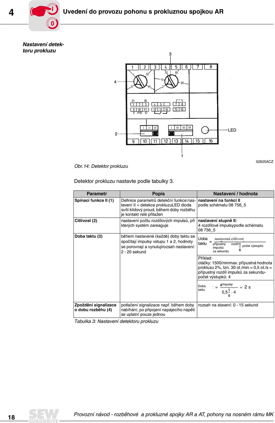 nastavení na funkci II podle schématu 08 756_5 Citlivost (2) Doba taktu (3) Zpoždění signalizace o dobu rozběhu (4) nastavení počtu rozdílových impulsů, při kterých systém zareaguje Tabulka 3: