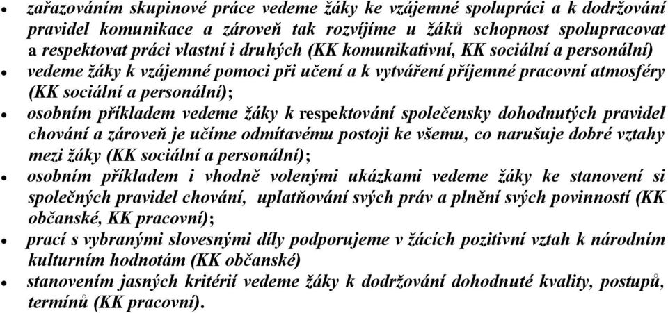 společensky dohodnutých pravidel chování a zároveň je učíme odmítavému postoji ke všemu, co narušuje dobré vztahy mezi žáky (KK sociální a personální); osobním příkladem i vhodně volenými ukázkami