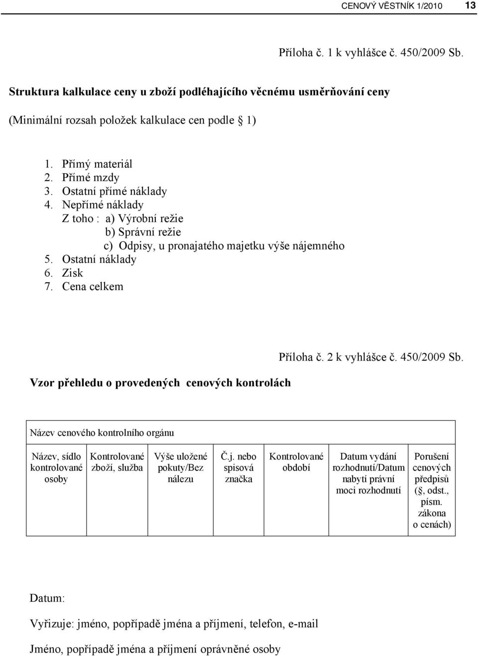 Cena celkem Vzor přehledu o provedených cenových kontrolách Příloha č. 2 k vyhlášce č. 450/2009 Sb.