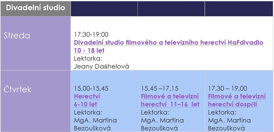 Jeany Daňhelová Čtvrtek 15,00-15,45 Herectví 6-10 let