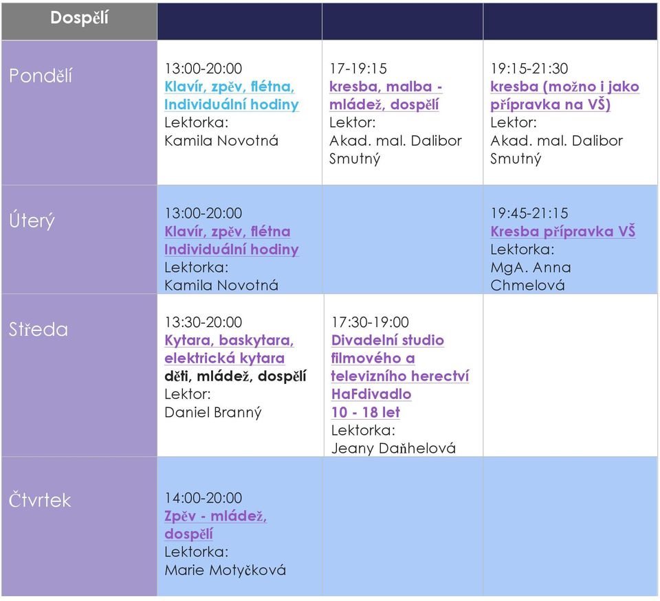 Anna Chmelová Středa 13:30-20:00 Kytara, baskytara, elektrická kytara děti, mládež, dospělí
