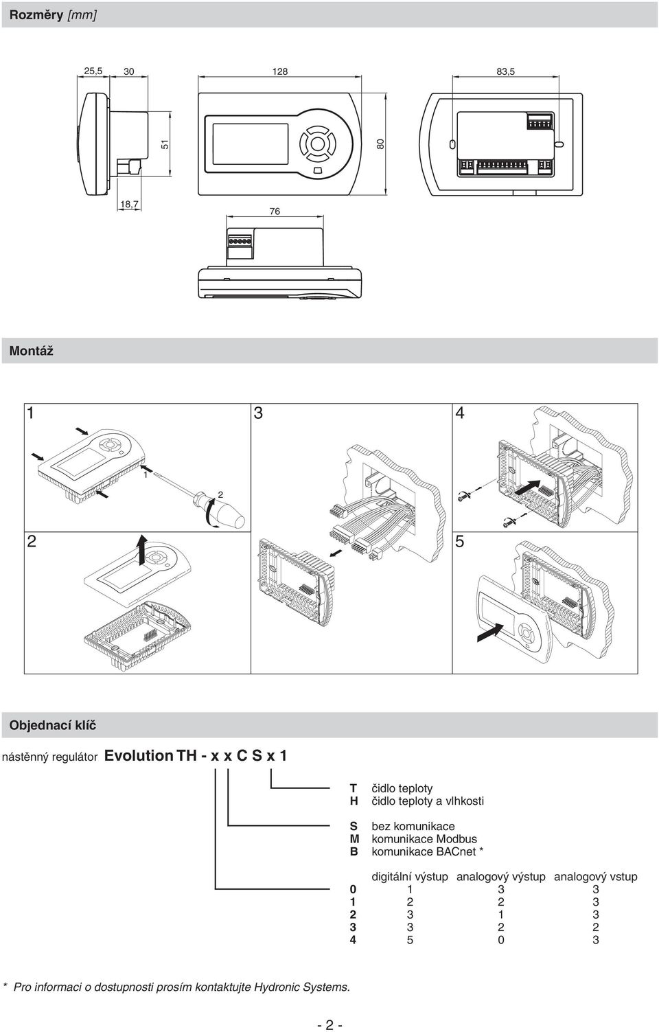 M komunikace Modbus B komunikace BACnet * digitální výstup analogový výstup analogový vstup 0 1 3