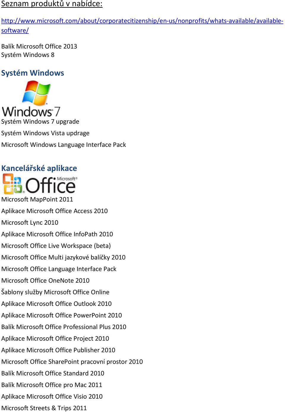 Microsoft Windows Language Interface Pack Kancelářské aplikace Microsoft MapPoint 2011 Aplikace Microsoft Office Access 2010 Microsoft Lync 2010 Aplikace Microsoft Office InfoPath 2010 Microsoft