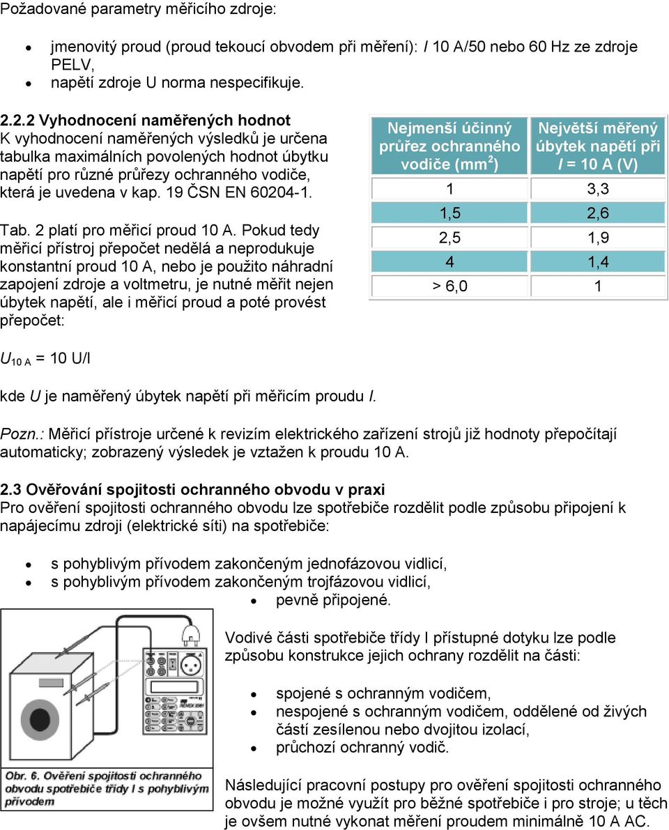 19 ČSN EN 60204-1. Tab. 2 platí pro měřicí proud 10 A.