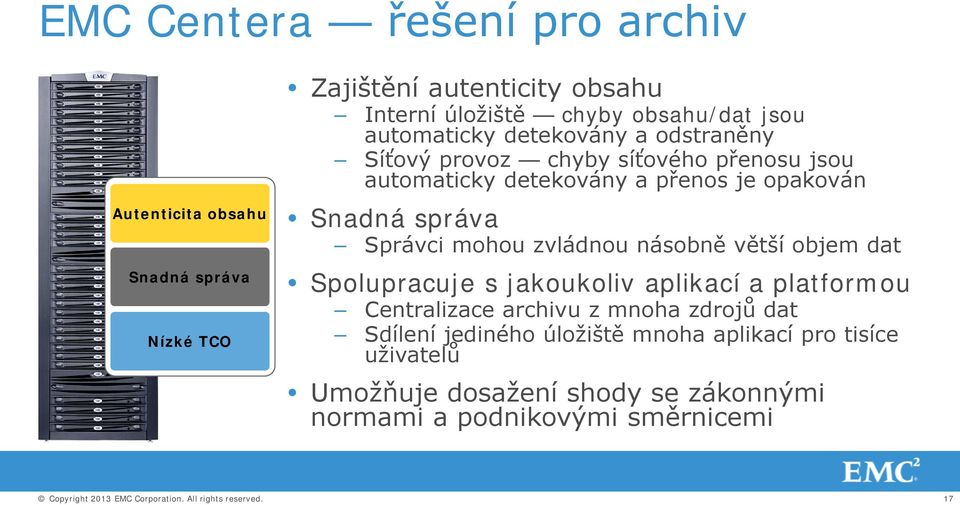 správa Správci mohou zvládnou násobně větší objem dat Spolupracuje s jakoukoliv aplikací a platformou Centralizace archivu z mnoha