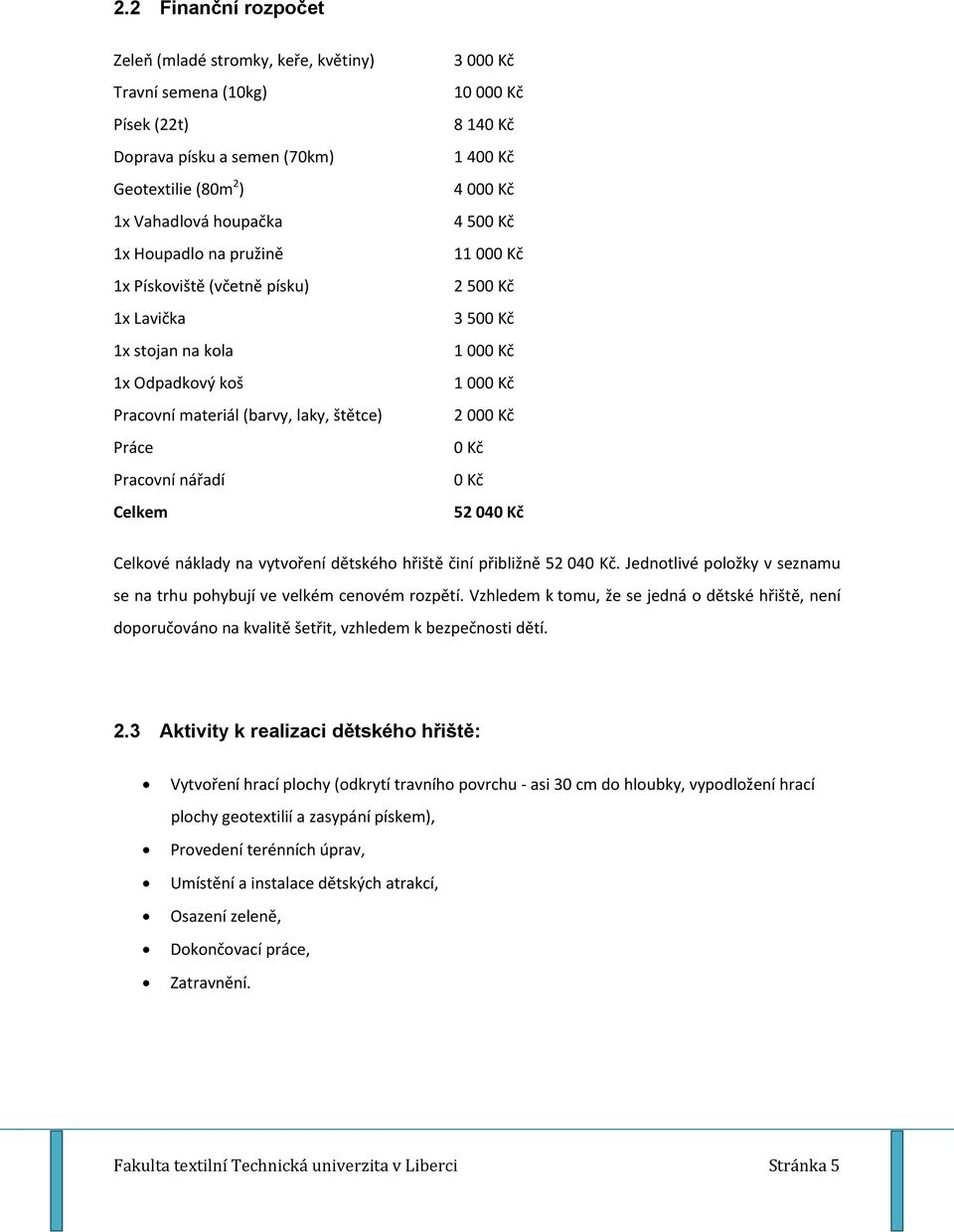 000 Kč 2 500 Kč 3 500 Kč 1 000 Kč 1 000 Kč 2 000 Kč 0 Kč 0 Kč 52 040 Kč Celkové náklady na vytvoření dětského hřiště činí přibližně 52 040 Kč.