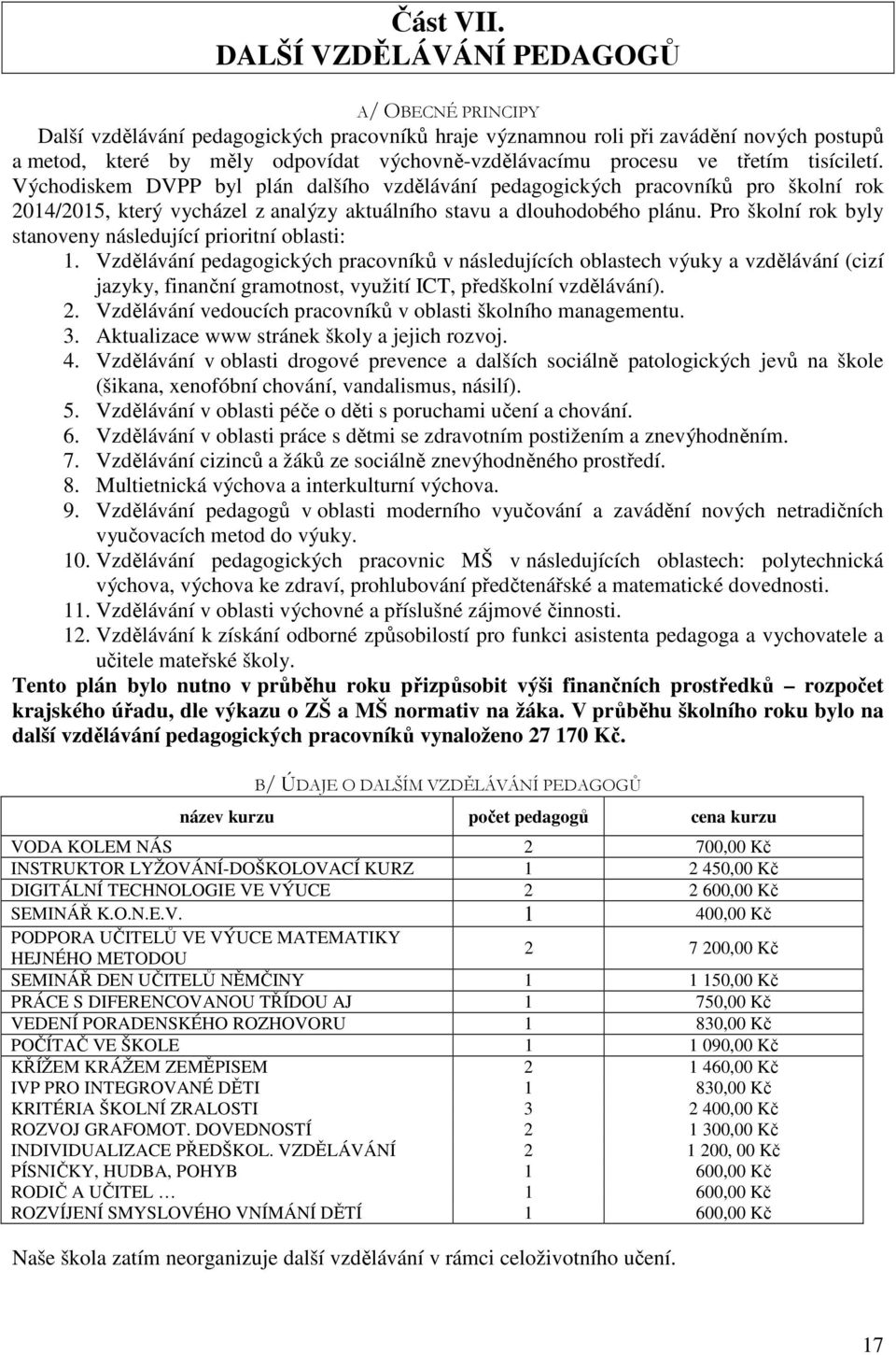 ve třetím tisíciletí. Východiskem DVPP byl plán dalšího vzdělávání pedagogických pracovníků pro školní rok 2014/2015, který vycházel z analýzy aktuálního stavu a dlouhodobého plánu.