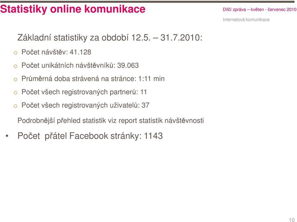 063 o Průměrná doba strávená na stránce: 1:11 min o Počet všech registrovaných partnerů: 11