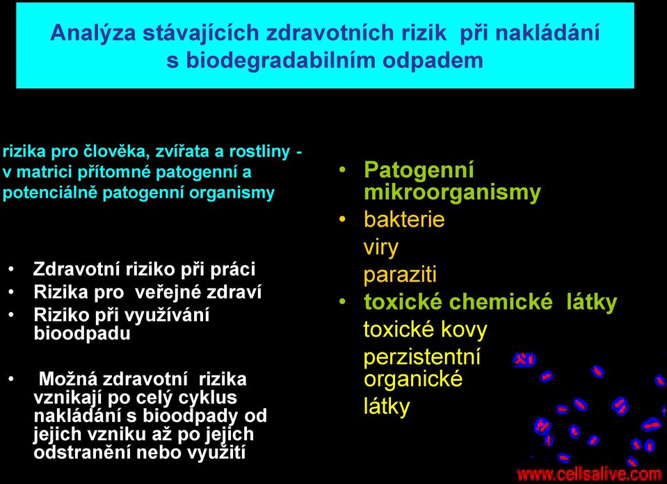 využívání bioodpadu Možná zdravotní rizika vznikají po celý cyklus nakládání s bioodpady od jejich vzniku až po jejich