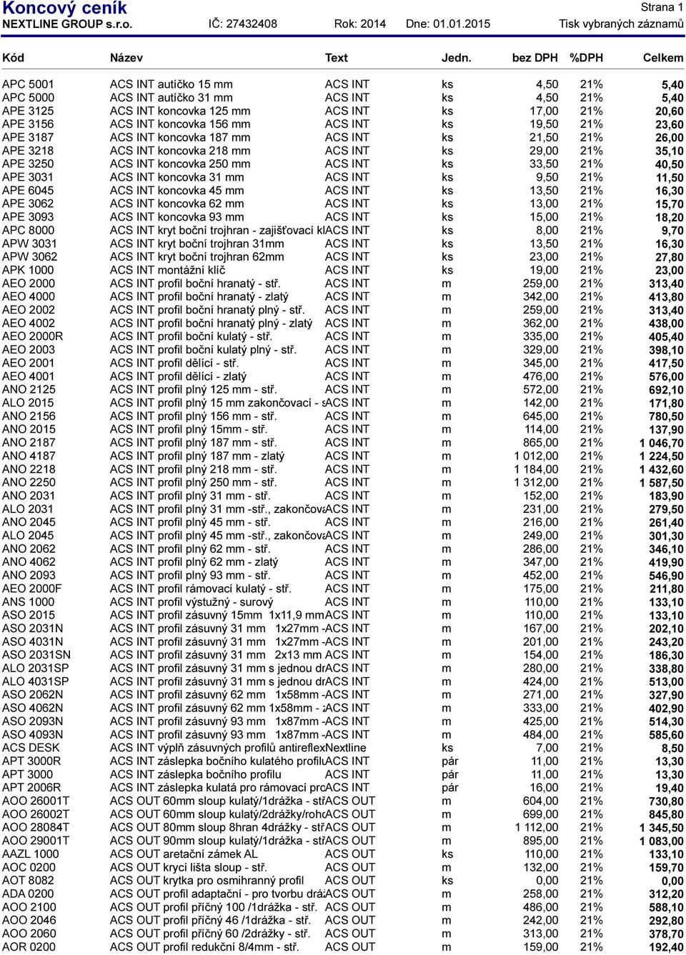 koncovka 250 mm ACS INT ks 33,50 21% 40,50 APE 3031 ACS INT koncovka 31 mm ACS INT ks 9,50 21% 11,50 APE 6045 ACS INT koncovka 45 mm ACS INT ks 13,50 21% 16,30 APE 3062 ACS INT koncovka 62 mm ACS INT