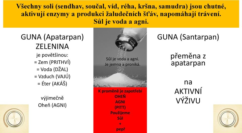 GUNA (Apatarpan) ZELENINA je povětšinou: = Zem (PRITHVÍ) = Voda (DŽAL) = Vzduch (VAJÚ) = Éter (AKÁŠ)