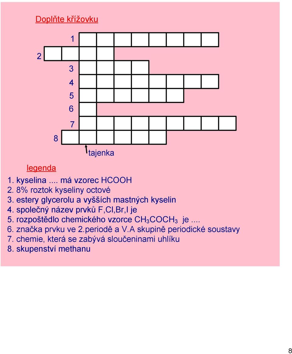 společný název prvků F,Cl,Br,I je 5. rozpoštědlo chemického vzorce CH 3 COCH 3 je... 6.