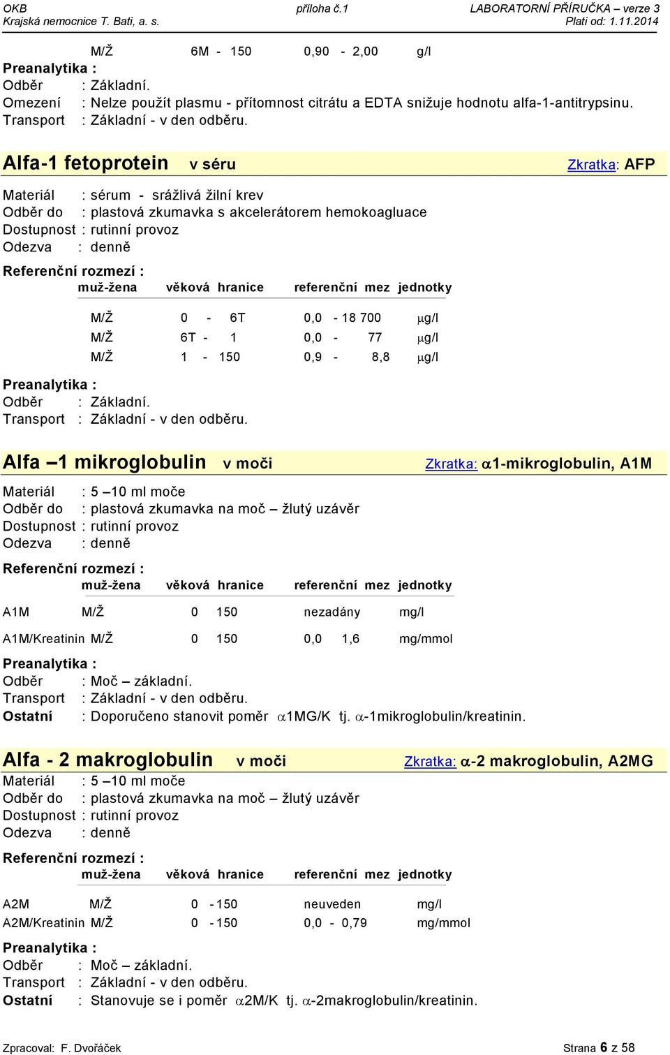 150 nezadány mg/l A1M/Kreatinin M/Ž 0 150 0,0 1,6 mg/mmol Odběr : Moč základní. Ostatní : Doporučeno stanovit poměr 1MG/K tj. -1mikroglobulin/kreatinin.