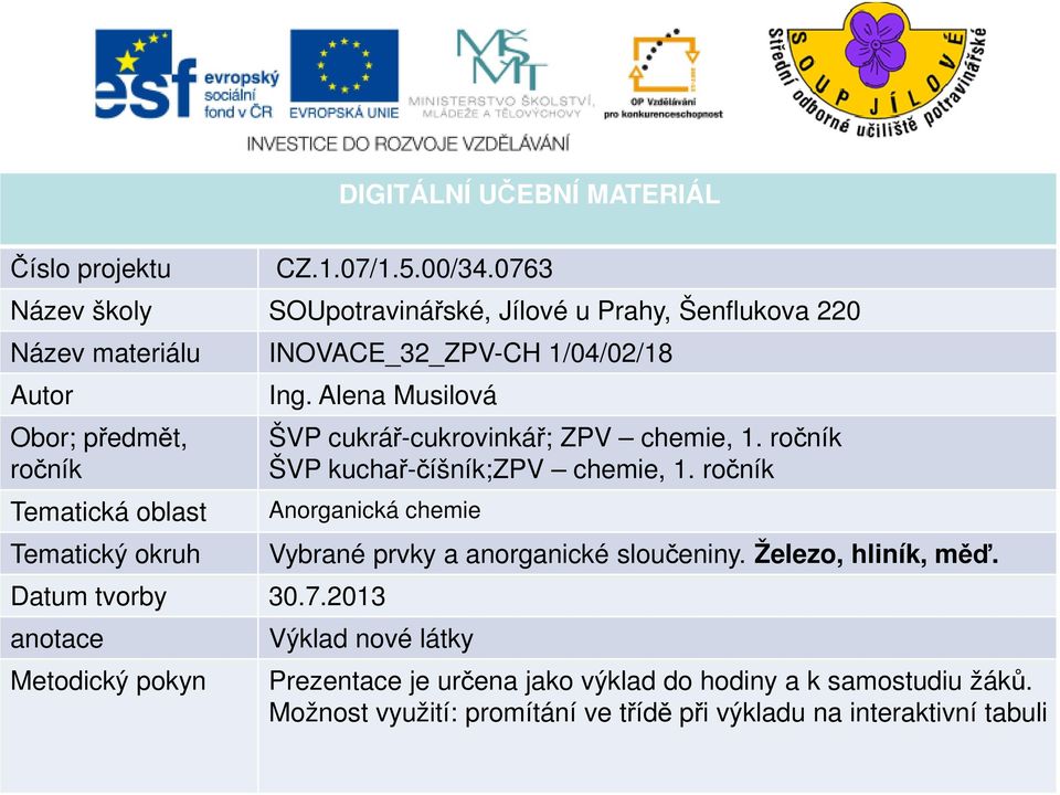 oblast Tematický okruh Ing. Alena Musilová ŠVP cukrář-cukrovinkář; ZPV chemie, 1. ročník ŠVP kuchař-číšník;zpv chemie, 1.