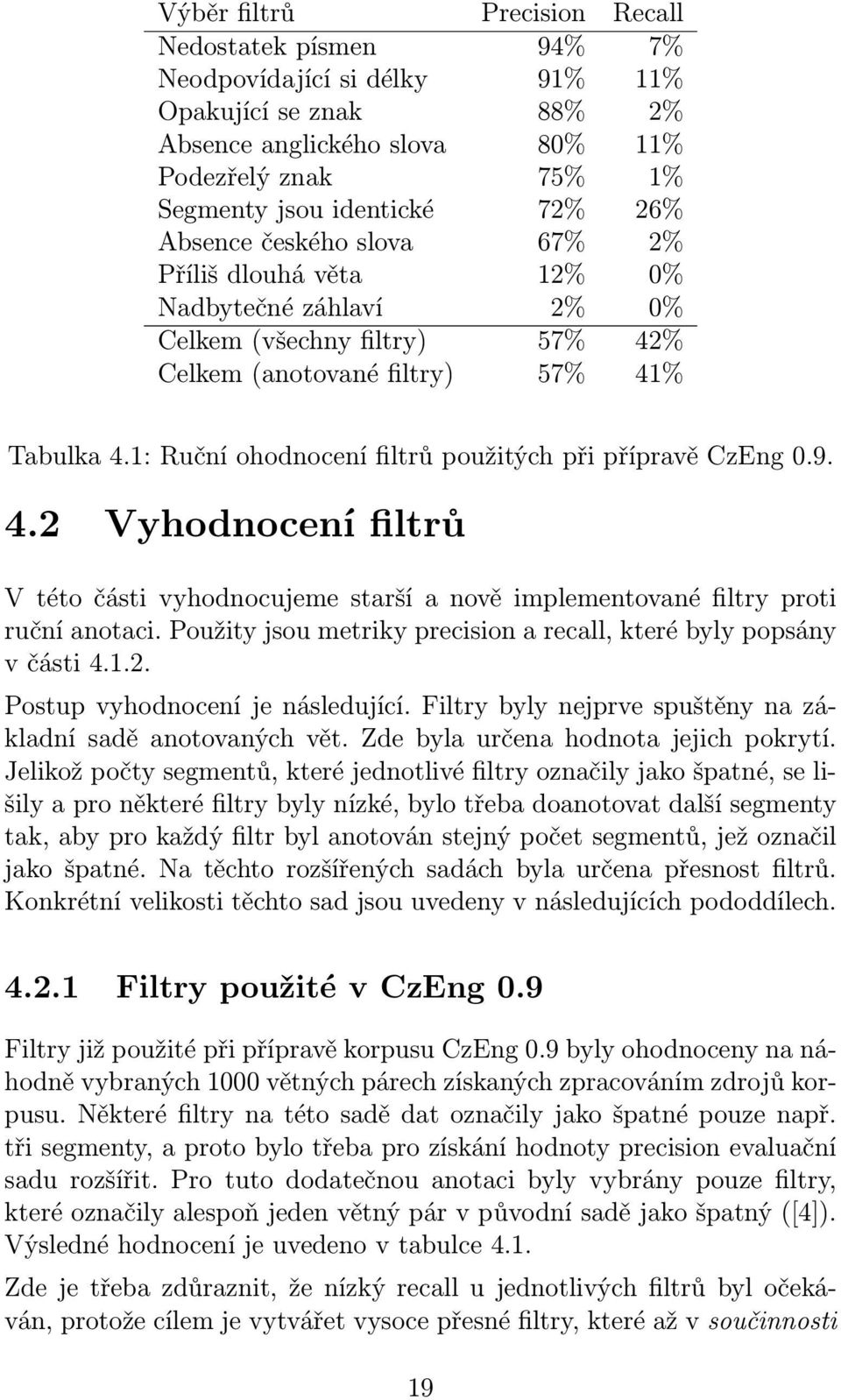 1: Ruční ohodnocení filtrů použitých při přípravě CzEng 0.9. 4.2 Vyhodnocení filtrů V této části vyhodnocujeme starší a nově implementované filtry proti ruční anotaci.