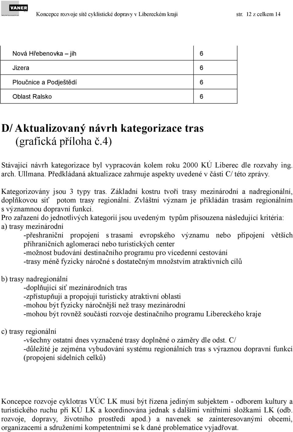 4) Stávající návrh kategorizace byl vypracován kolem roku 2000 KÚ Liberec dle rozvahy ing. arch. Ullmana. Předkládaná aktualizace zahrnuje aspekty uvedené v části C/ této zprávy.