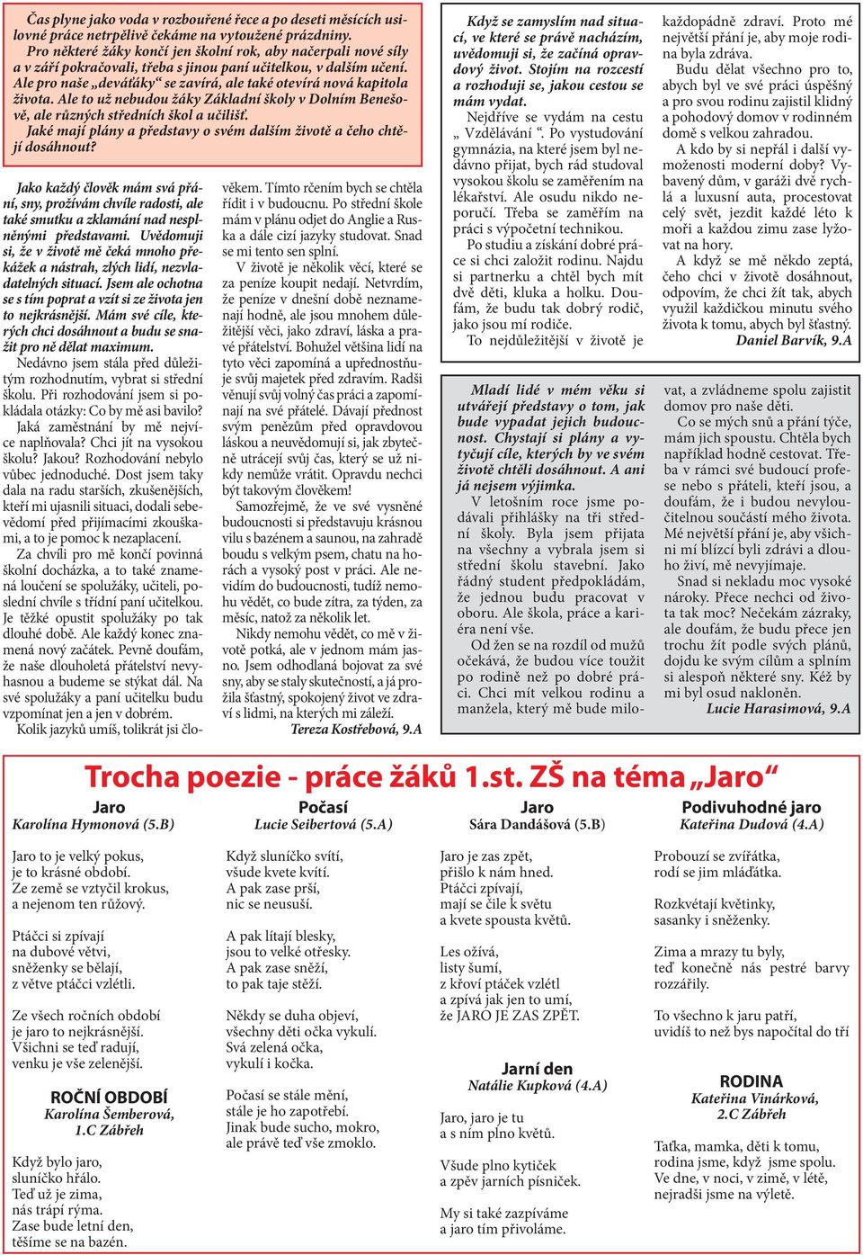 Ale pro naše deváťáky se zavírá, ale také otevírá nová kapitola života. Ale to už nebudou žáky Základní školy v Dolním Benešově, ale různých středních škol a učilišť.