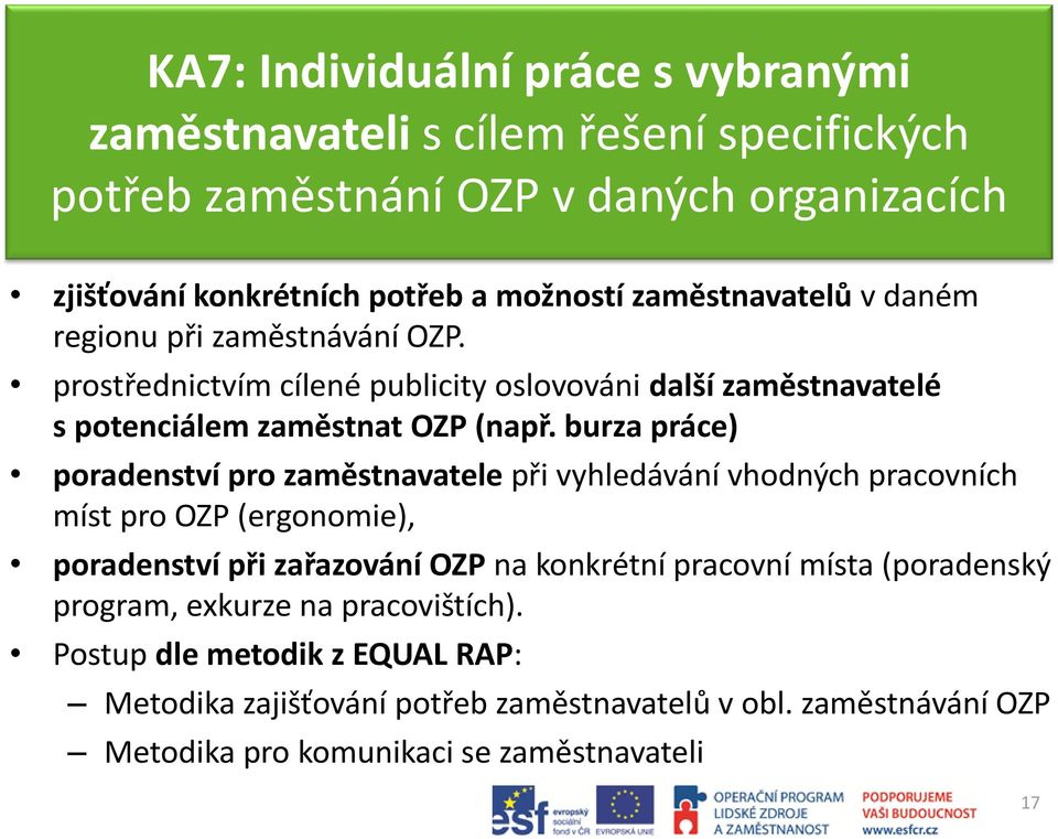 burza práce) poradenství pro zaměstnavatele při vyhledávání vhodných pracovních míst pro OZP (ergonomie), poradenství při zařazování OZP na konkrétní pracovní místa