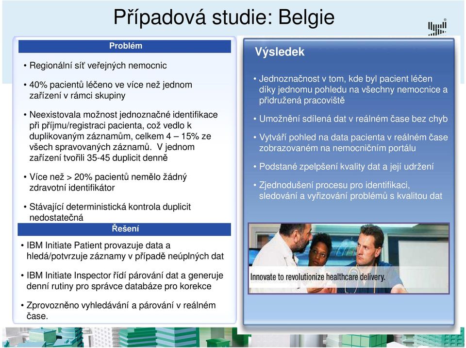 V jednom zařízení tvořili 35-45 duplicit denně Více než > 20% pacientů nemělo žádný zdravotní identifikátor Stávající deterministická kontrola duplicit nedostatečná Řešení Výsledek Jednoznačnost v