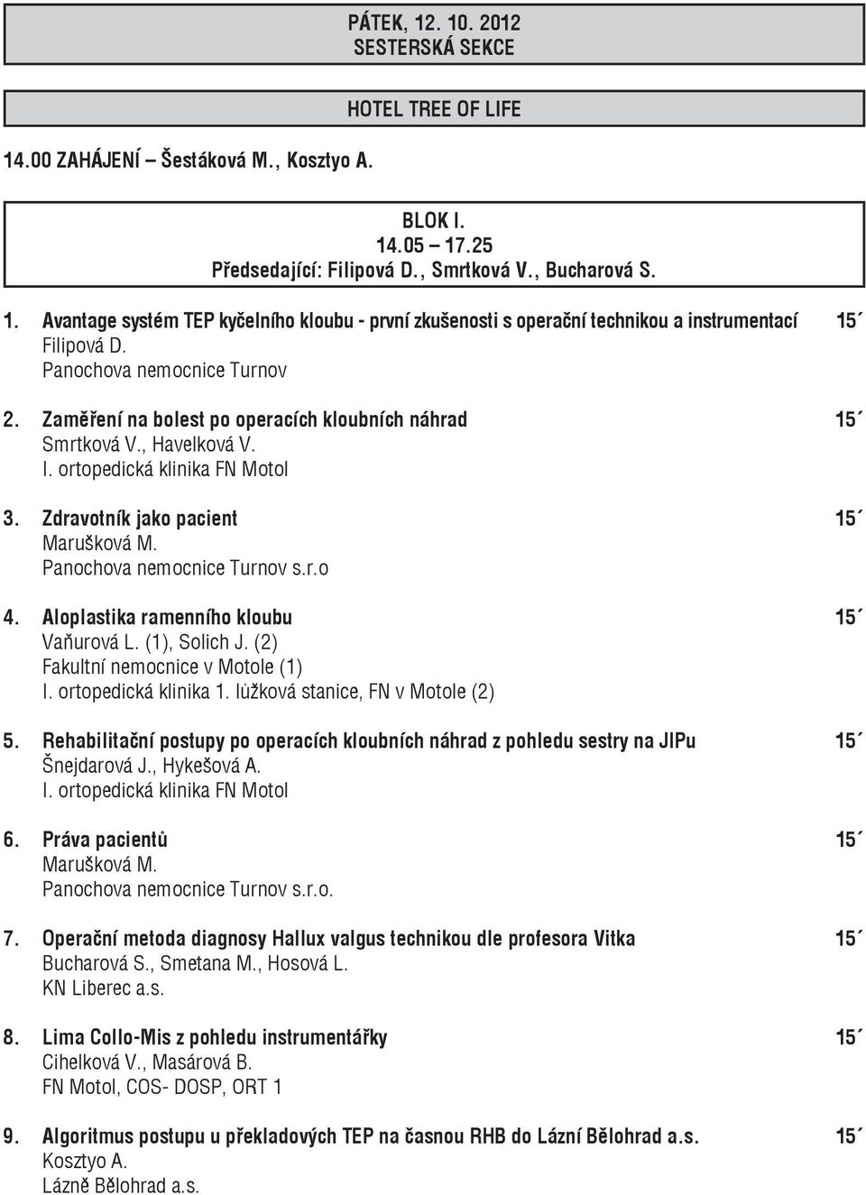 Panochova nemocnice Turnov s.r.o 4. Aloplastika ramenního kloubu 15 Vaňurová L. (1), Solich J. (2) Fakultní nemocnice v Motole (1) I. ortopedická klinika 1. lůžková stanice, FN v Motole (2) 5.